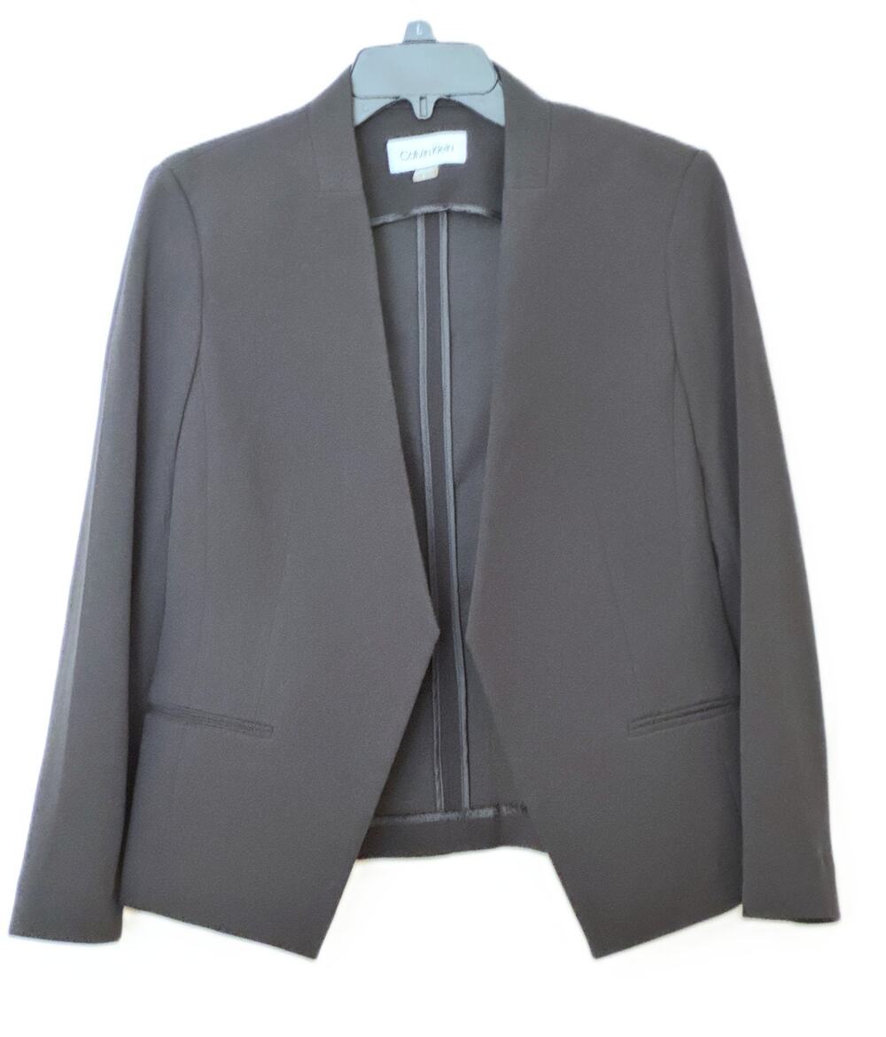 Calvin Klein Black Open Front Blazer Jacket Gold Logo Hardware Size 12 L